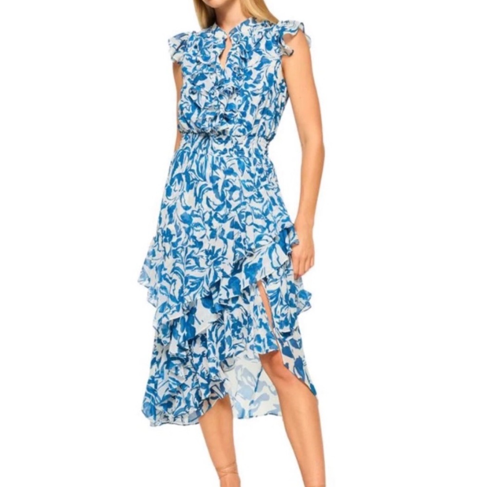 MISA Los Angeles Blue Floral Ruffle High-Low Dress
